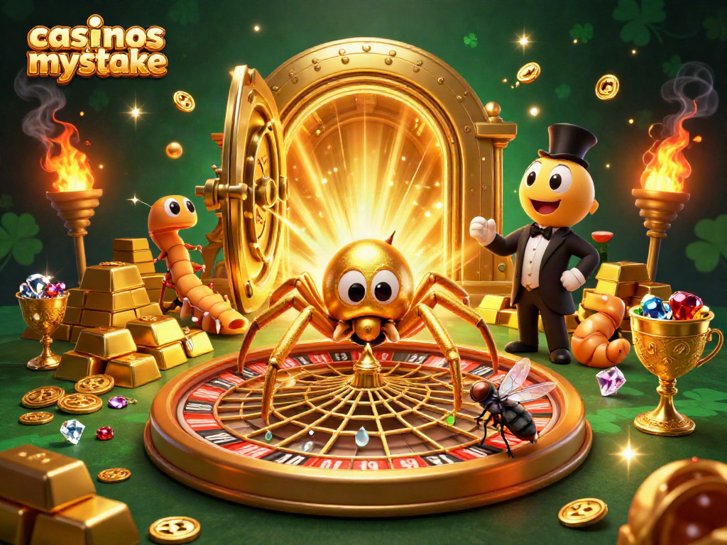 Experience thrilling betting action with casinos like mystake featuring a 3D illustration of a spider and croupier.