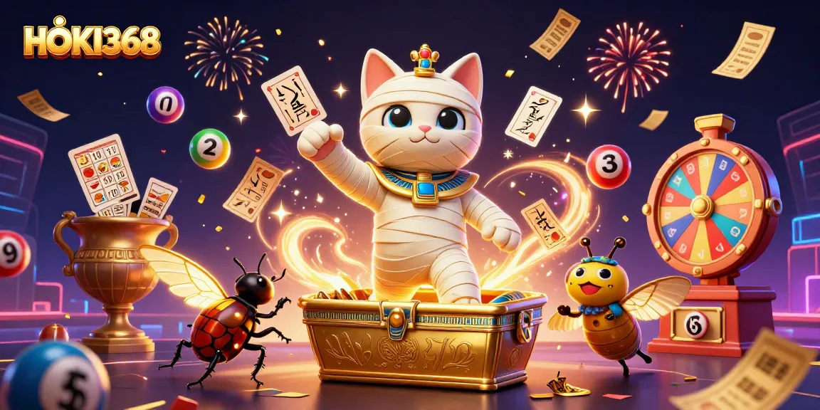 Experience the magic of HOKI368 with vibrant lottery symbols and an Egyptian-themed casino adventure.