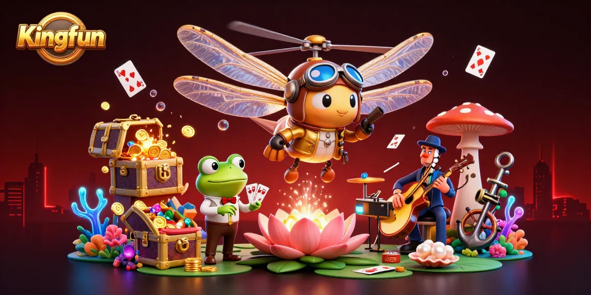 Experience the thrill of Kingfun in a vibrant 3D casino scene with dragonfly pilots and thrilling games.