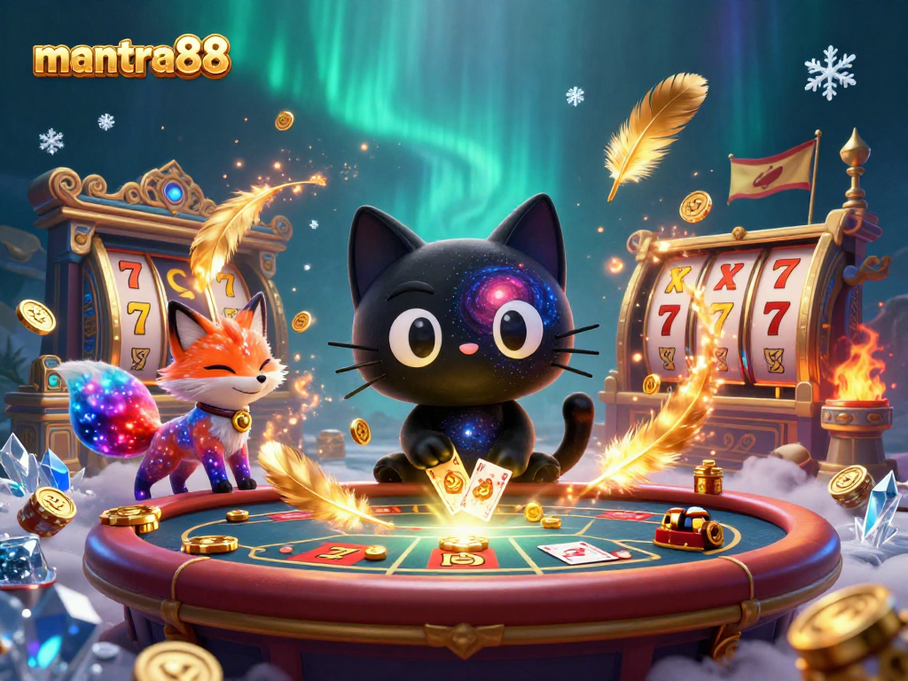 Experience thrilling wins at mantra88 with a cosmic casino scene featuring a black hole cat and nebula fox.
