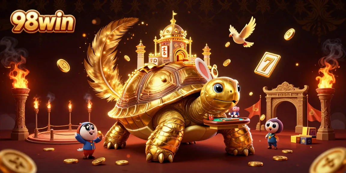 Play engaging games at 98win with a vibrant scene illustrating a golden tortoise casino.