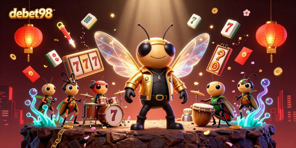 Join the fun at debet98 with a vibrant casino scene featuring a rock star cicada and exciting game elements.