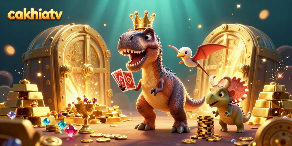 CakhiaTV showcases a vibrant scene with dinosaurs engaging in a fun card game, set in a treasure-filled casino environment.
