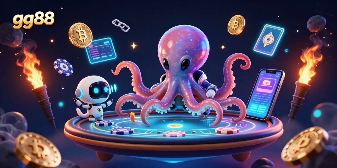 Experience thrilling gaming with gg88's alien octopus dealer surrounded by vibrant crypto elements.