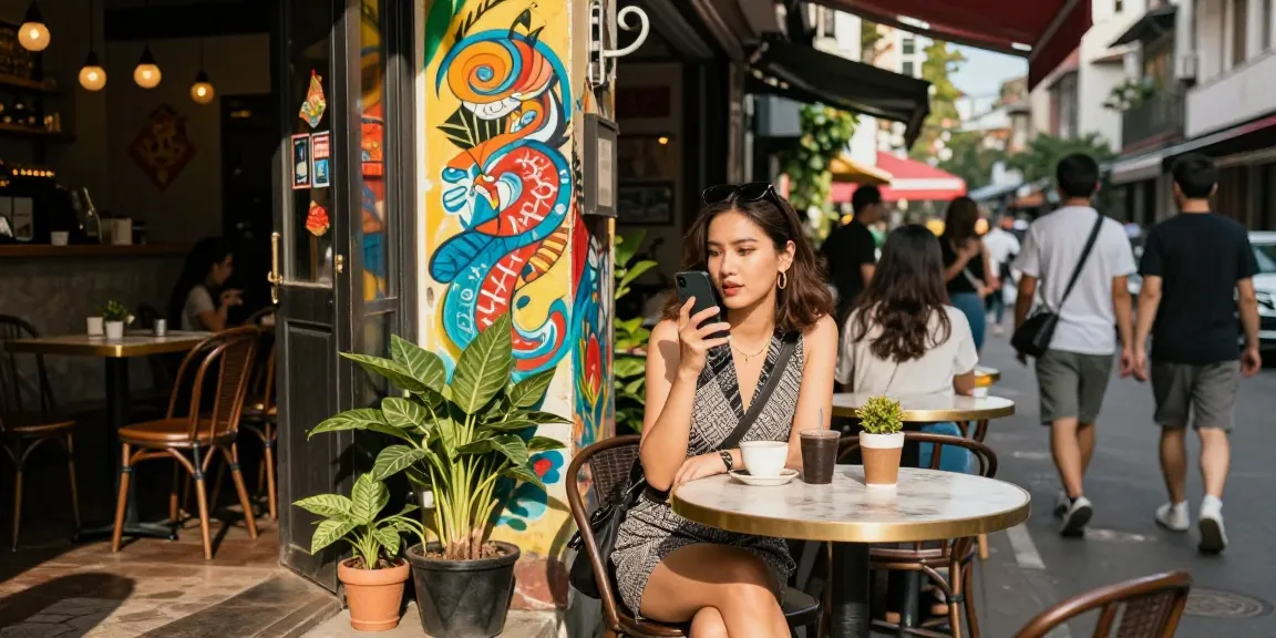 Gái gọi đang trò chuyện tại quán cà phê phong cách, nền đường phố sôi động.