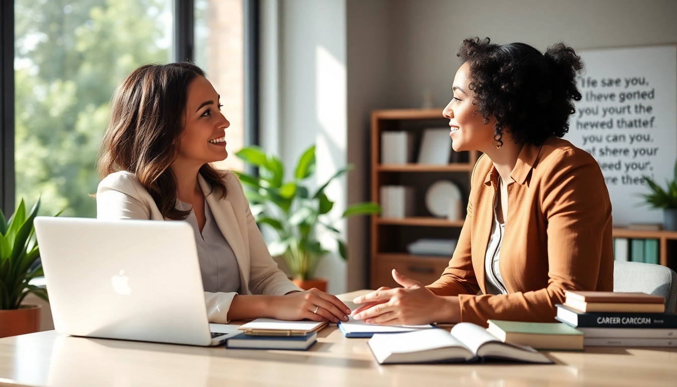 Career coaching session in a modern office with professional coach and attentive client.
