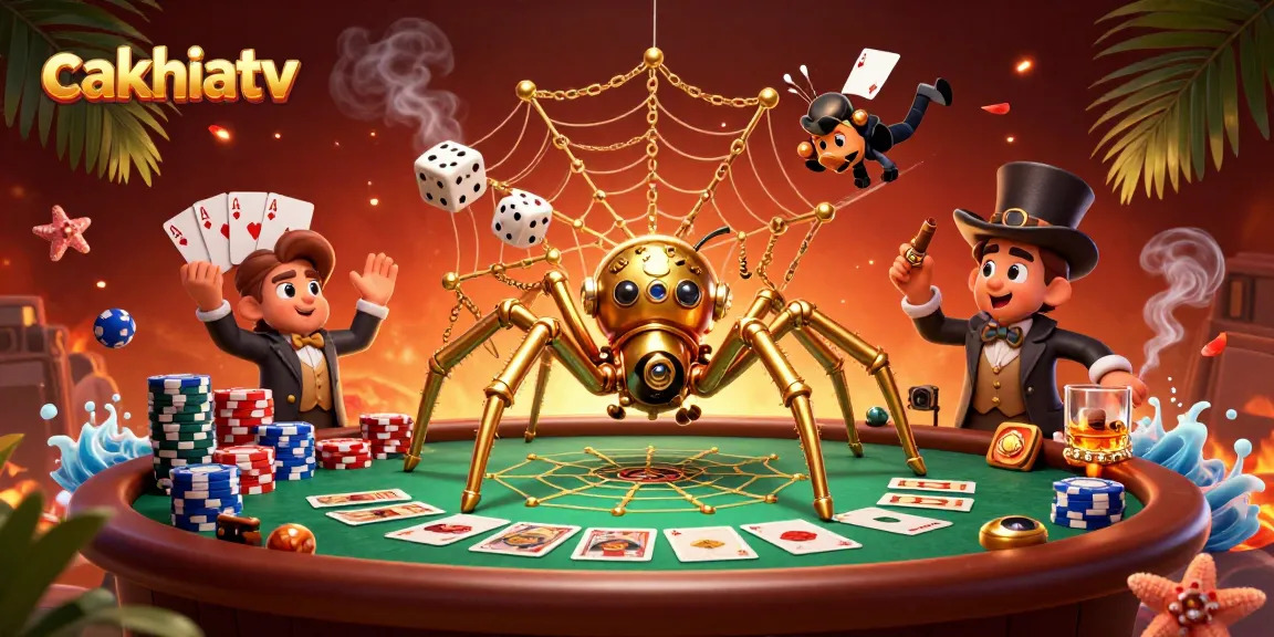 Cakhiatv showcases a vibrant 3D steampunk scene, featuring golden spider motifs and casino elements.