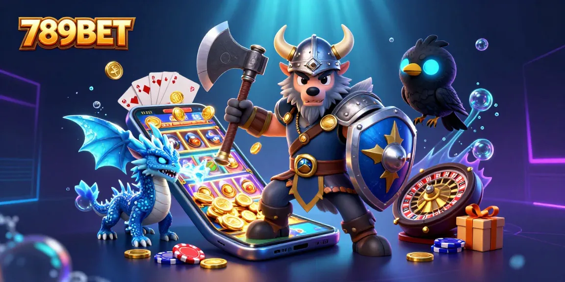 Engage in thrilling action with 789BET featuring a Viking wolf warrior, dragon, and vibrant game elements.