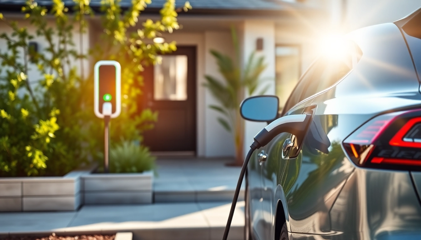 EV Charging Installation with a modern electric vehicle charging at home, showcasing sustainability.