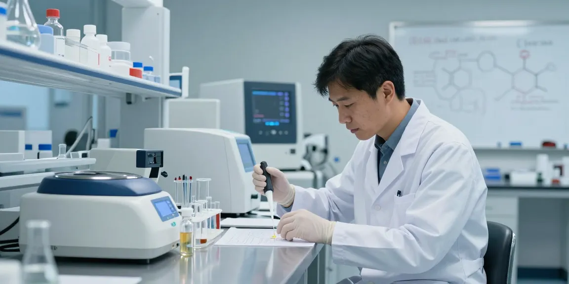 Scientist analyzing research peptides in a modern lab environment.