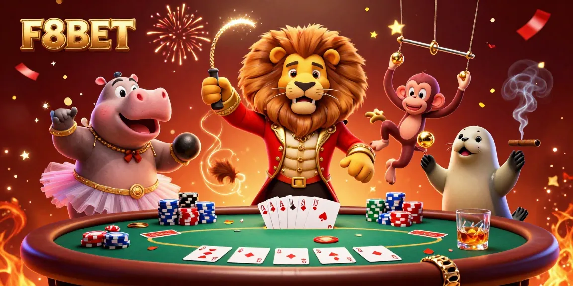 F8BET showcases a vibrant casino scene with a cartoon ringmaster lion, hippo, monkey, and seal engaged in exciting poker action.