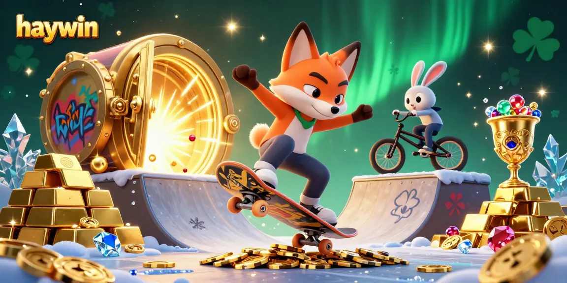 Engage with haywin as a skateboarder fox performs tricks over golden poker chips amidst casino-themed illustrations.