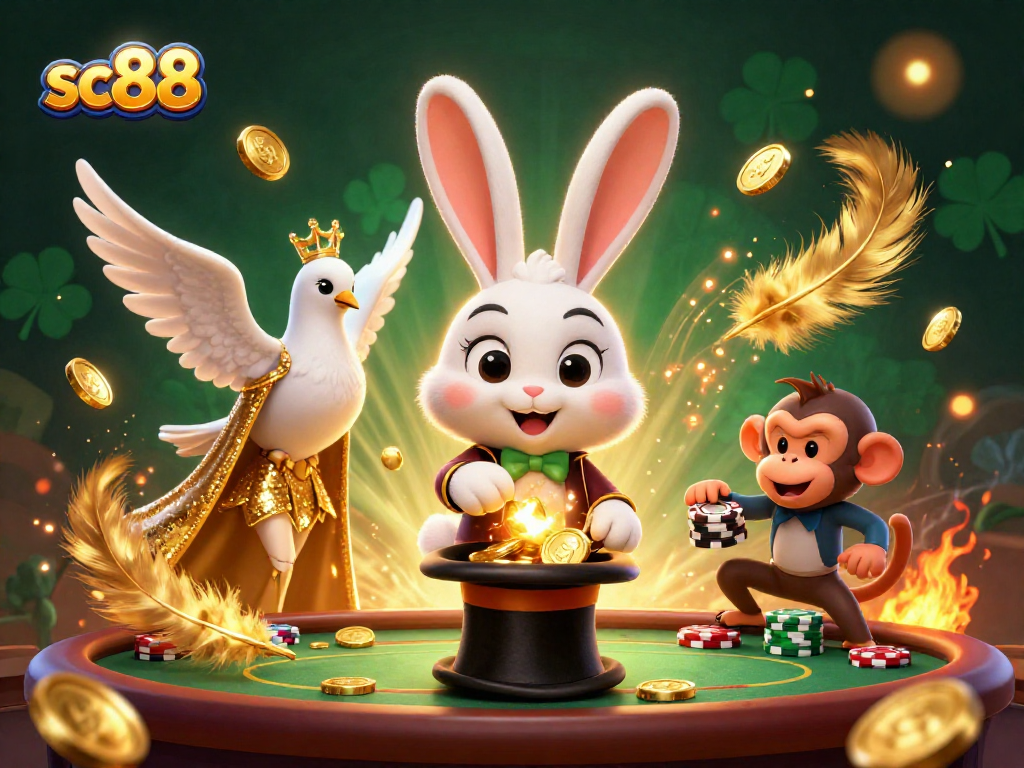 Experience exciting gameplay with sc88 featuring a magician, dove, and monkey amidst casino elements.