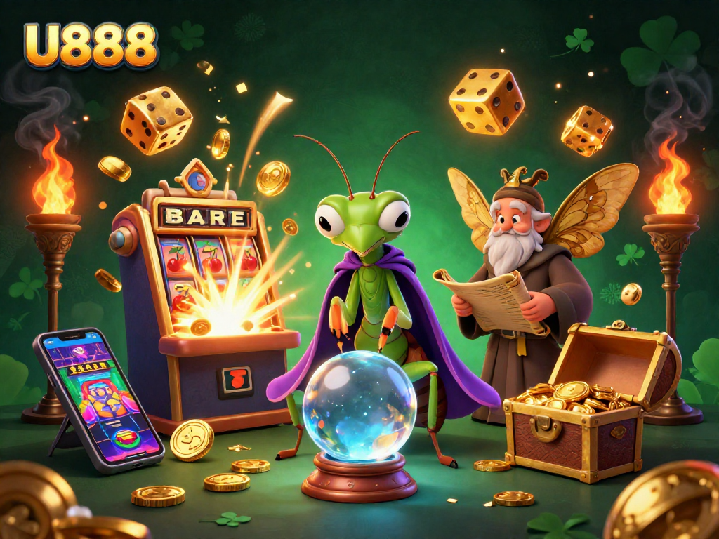 Experience U888's thrilling slots and jackpots with vibrant cartoon characters and lively casino elements
