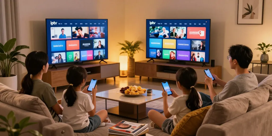 Engaged family watching digitaline iptv on a smart TV in a cozy living room.