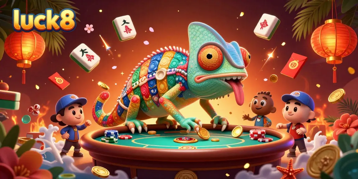 Engage in thrilling gameplay at luck8 with a dynamic illustration featuring a chameleon casino owner.