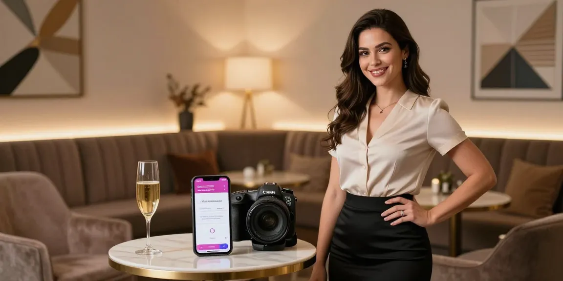 Stylish escort in a sophisticated lounge representing Cityescorthub with inviting atmosphere and upscale decor.