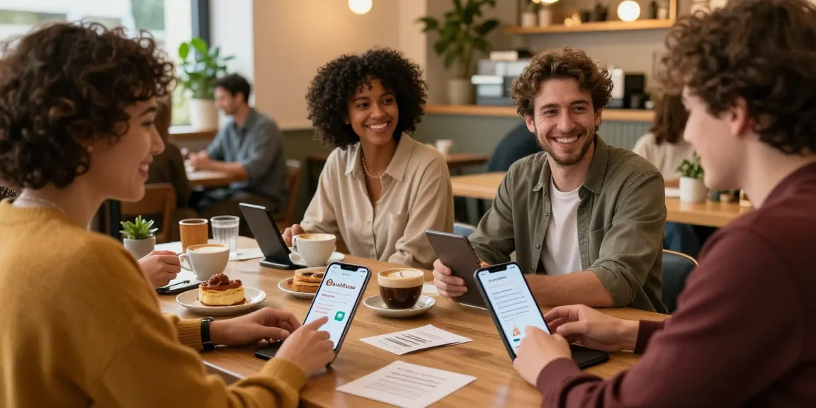 Dynamic dating interactions with singles using the HundRoses app in a cozy café atmosphere.