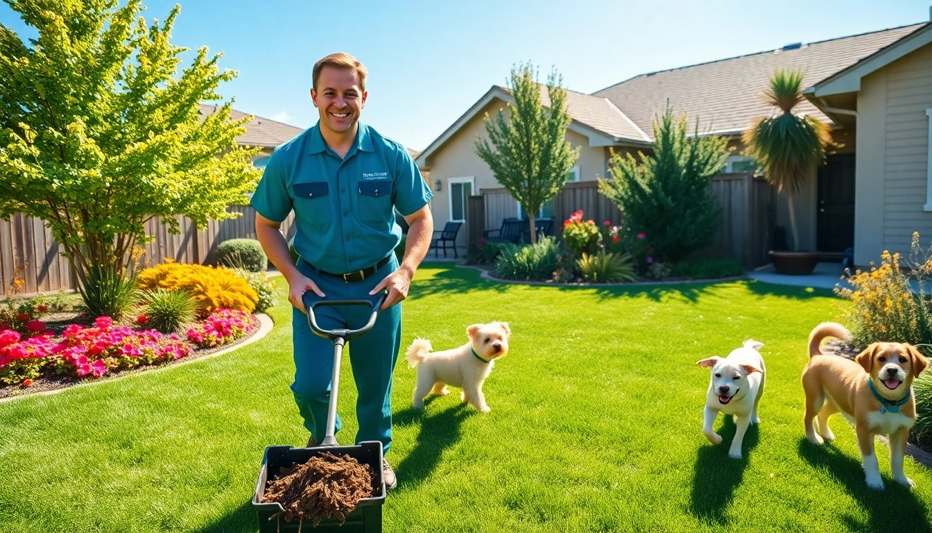 Efficient poop scoop Utah service worker collecting dog waste in a sunny backyard.