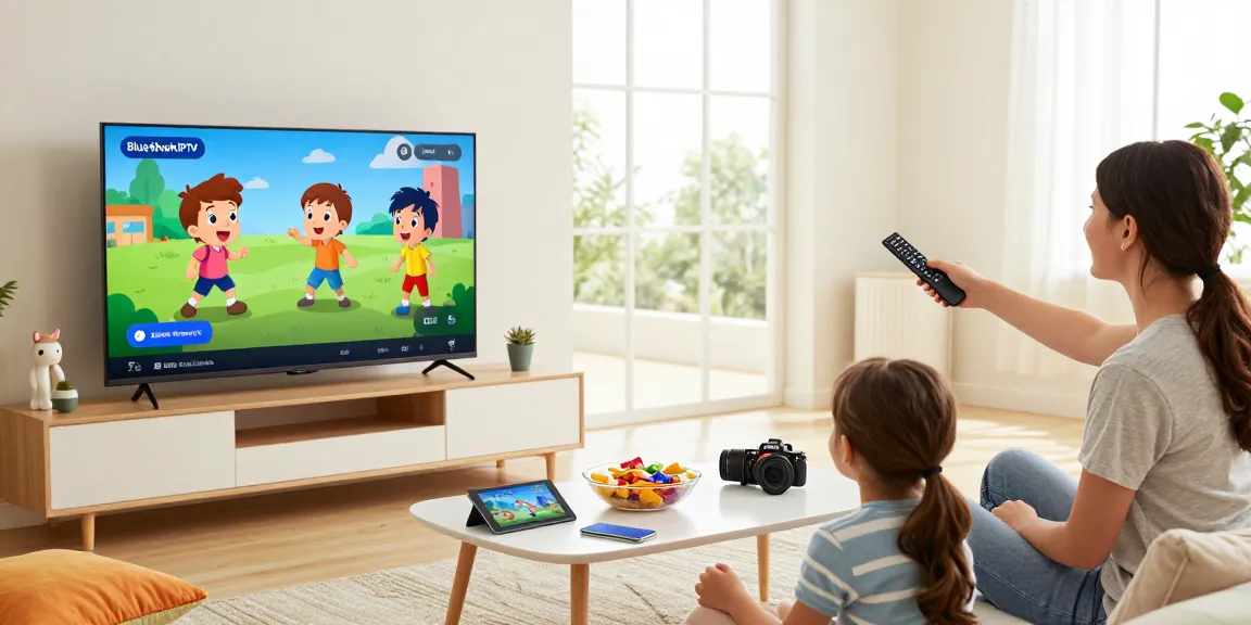 Family enjoying BlueSharkIPTV in a vibrant living room with smart TV, kids watching cartoons, parents navigating sports channels, bright and inviting atmosphere.
