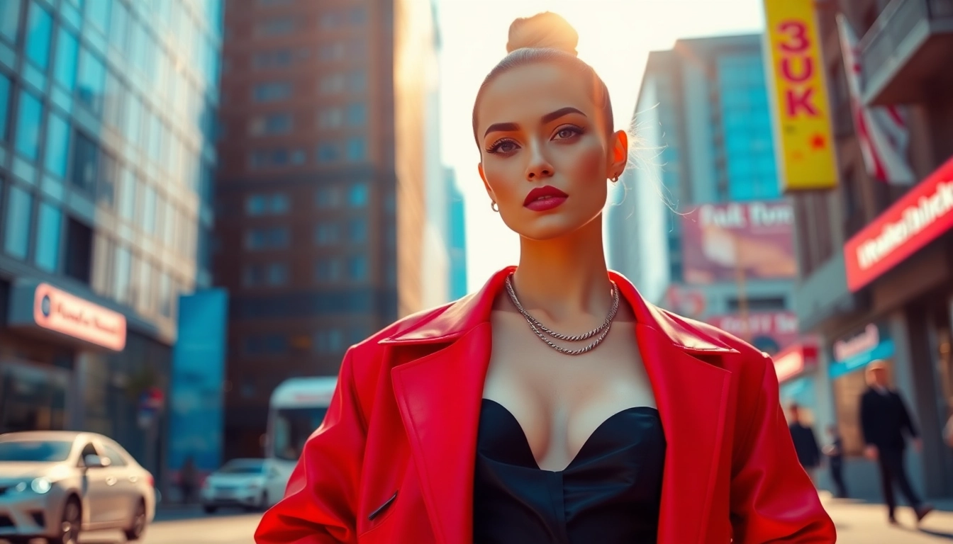 The model embodies the spirit of Rebel Designerwear with striking urban style.