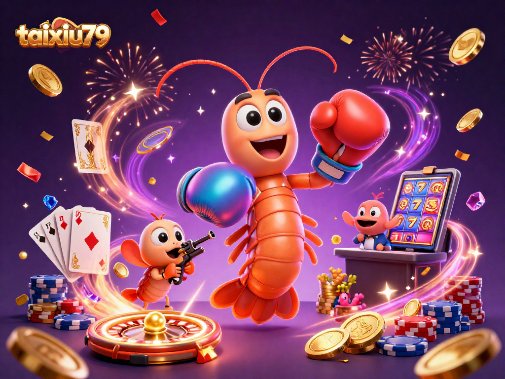 Engage with taixiu79 in a thrilling casino scene featuring dynamic shrimp characters, coins, and game elements.
