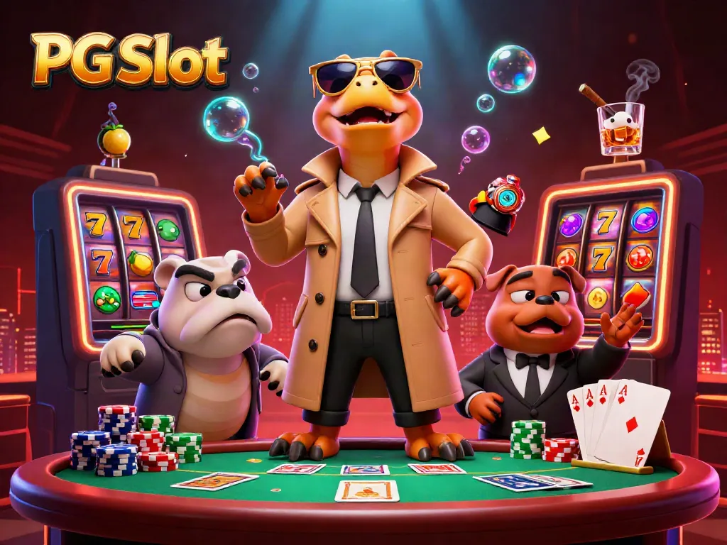 Slot PG dengan raptor kartun 3D memasuki kasino mewah, dikelilingi elemen permainan yang megah.