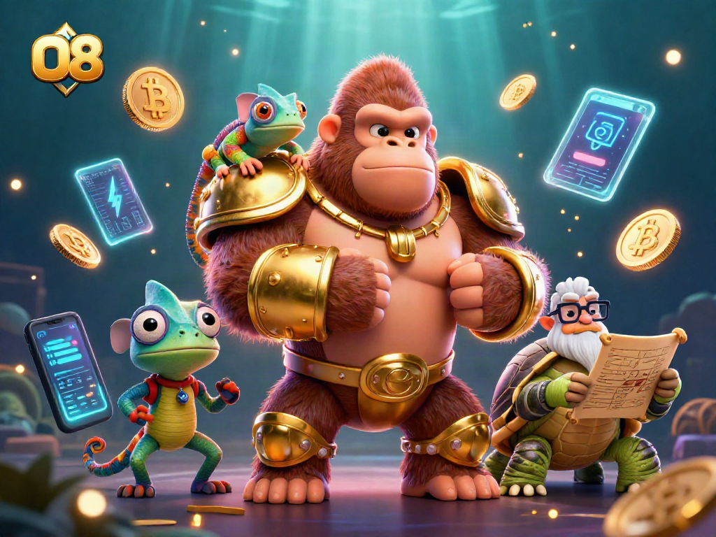 Experience the thrilling O8 gaming adventure with a gorilla king, chameleon spy, and tortoise elder.