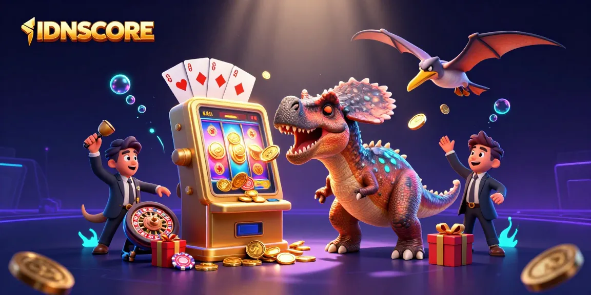 Experience the excitement of IDNSCORE with a jackpot win scene featuring a dinosaur and animated casino elements.