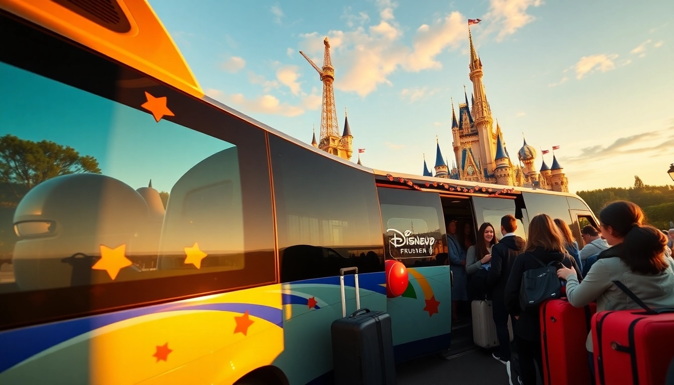 Experience the disneyland paris transfer with a cheerful shuttle transporting guests to the magical Disney resort.