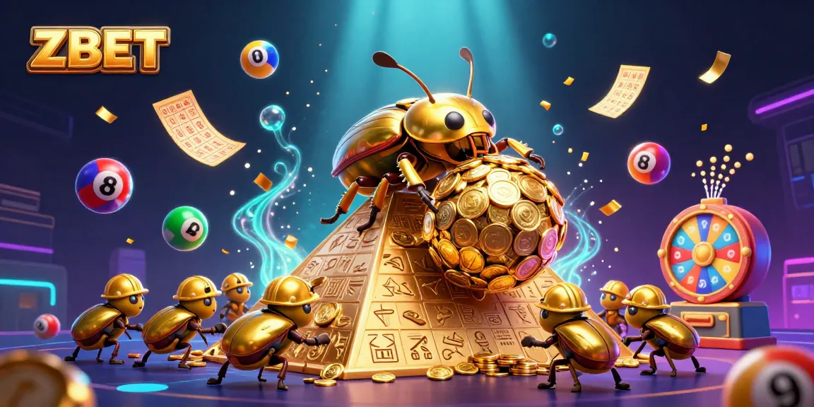 ZBET captures the excitement of gambling with a golden beetle and colorful lottery elements in a vibrant casino scene.
