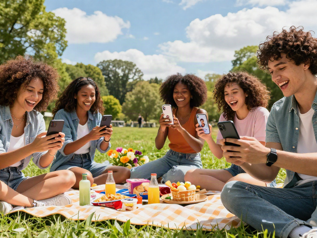 Friends using an app to find out who they look like celebrities at the park.