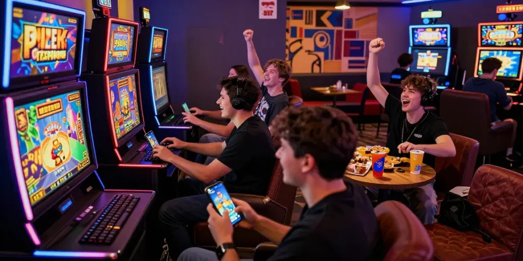 Pengguna apk slot sedang bersemangat bermain game slot online di ruang permainan modern.