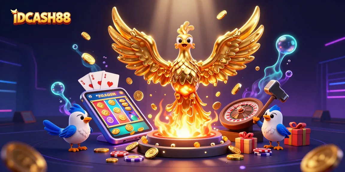 Experience the thrilling excitement of IDCASH88 with a dynamic 3D illustration showcasing casino elements.
