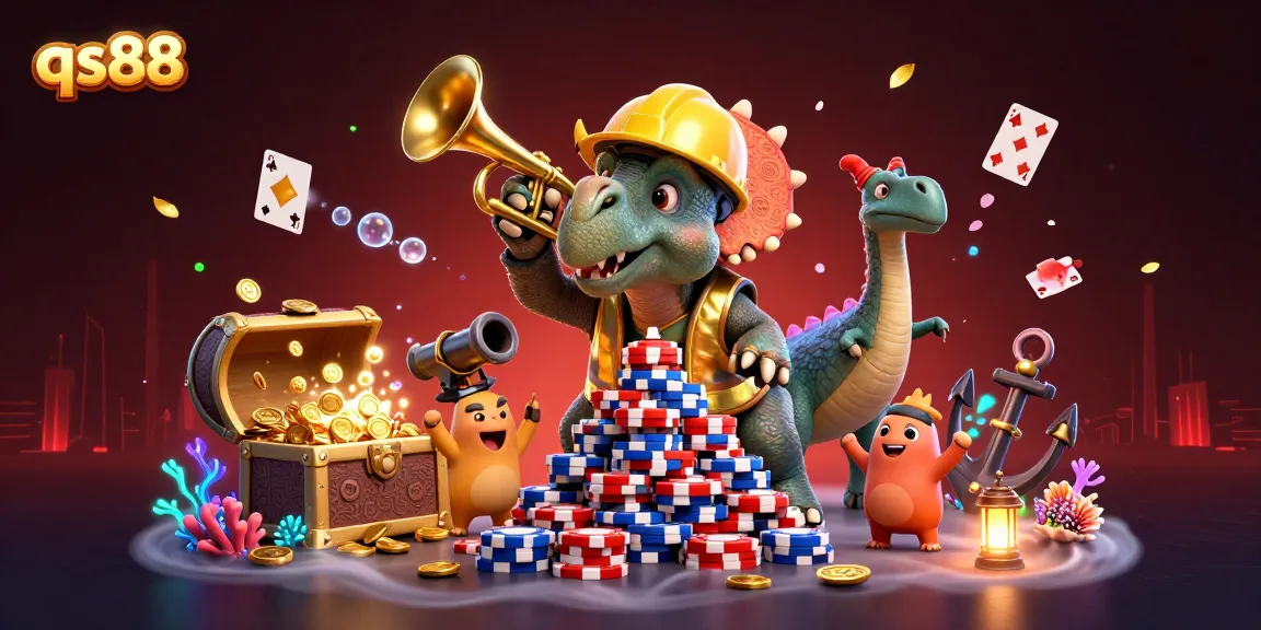 qs88 features a lively scene with a triceratops building poker chip stacks, celebrating fun in gaming.