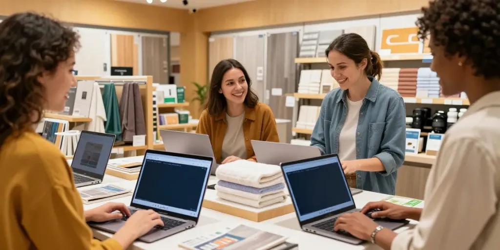 Customers exploring Shopsmart's eco-friendly products online in a vibrant store.