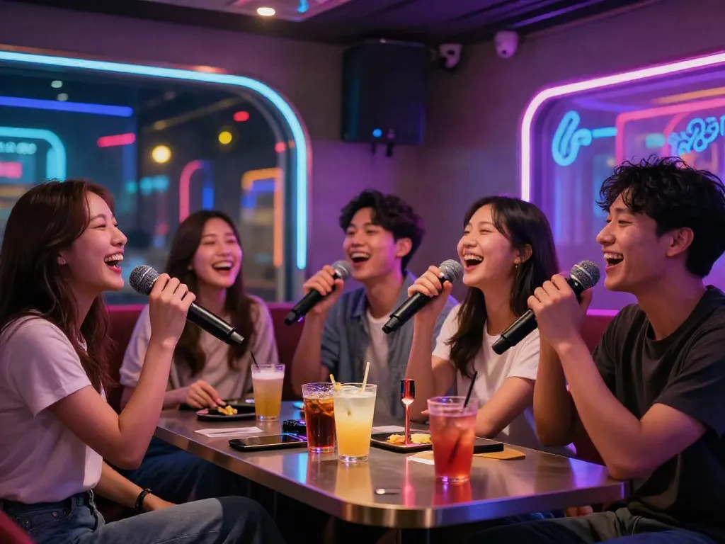 강남 달토의 활기찬 가라오케 분위기에서 친구들이 즐겁게 노래 부르는 모습
