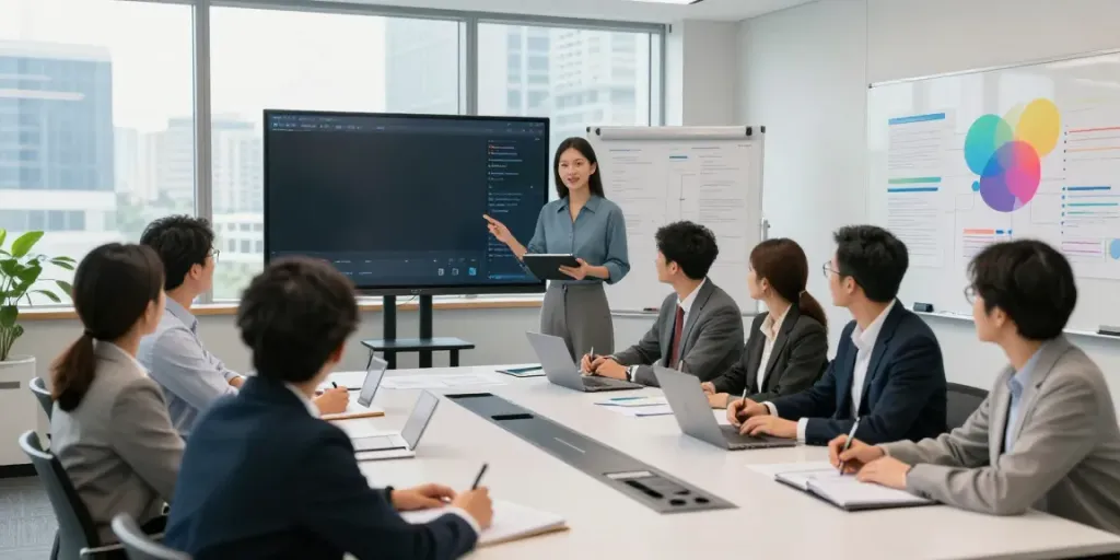 Leadership training for organizations in an engaging corporate setting with diverse professionals collaborating.