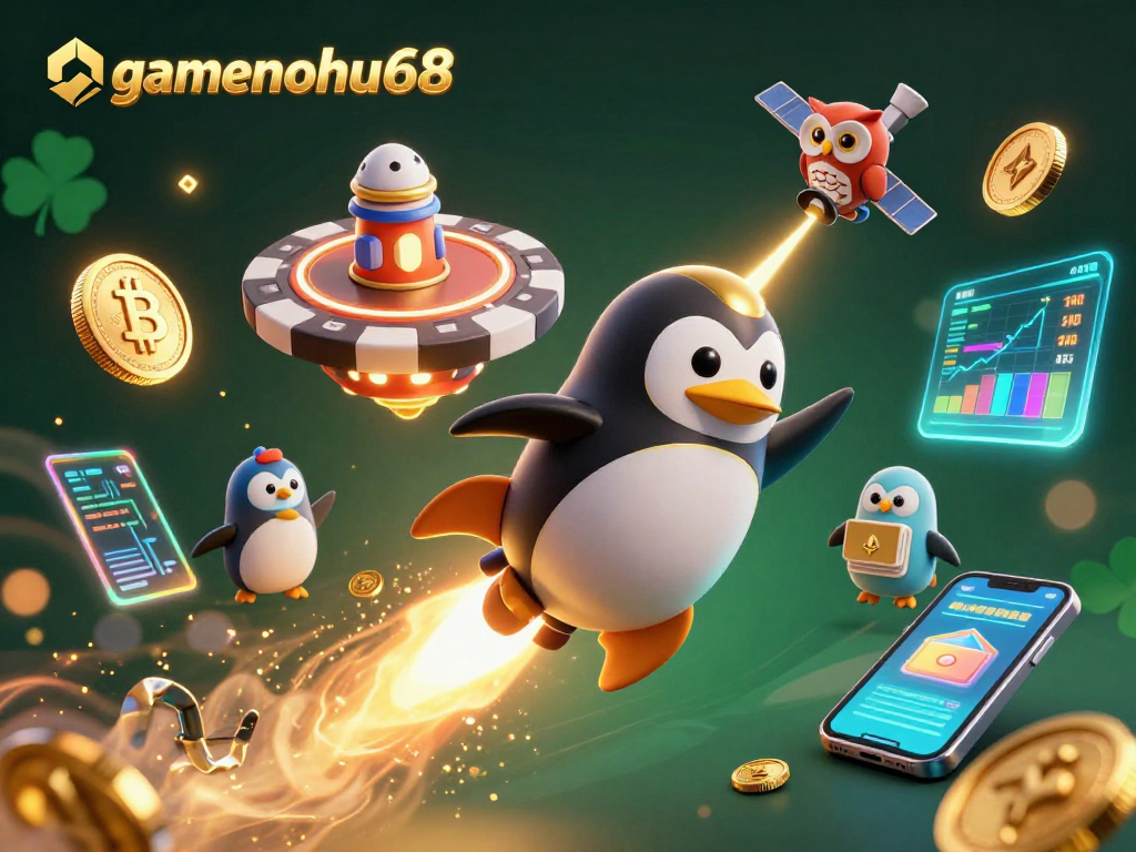 Experience winning moments with gamenohu68 as a rocket-powered penguin blasts to a vibrant casino space!