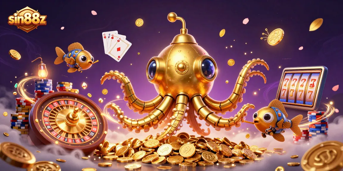 sin88z showcases a thrilling underwater casino adventure with a golden kraken submarine.