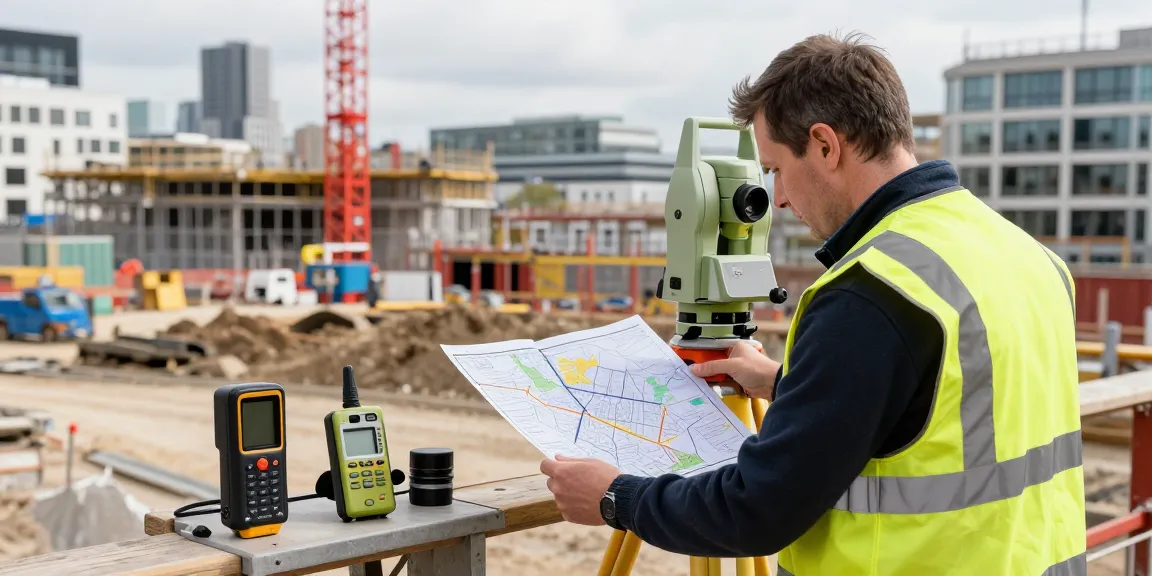 Topographical surveys Surrey and Sussex conducted by a professional surveyor using advanced equipment on a busy construction site.