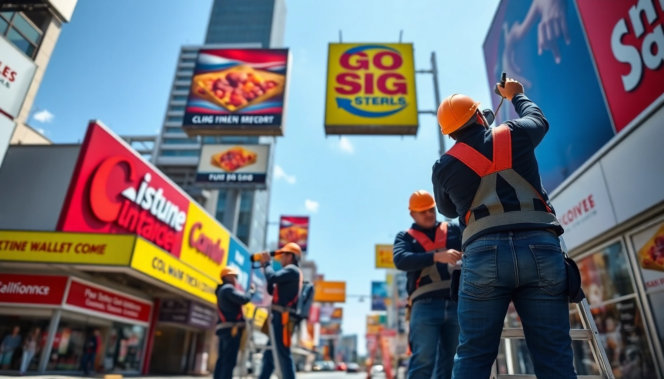 Skilled team performing sign installation in an urban setting.