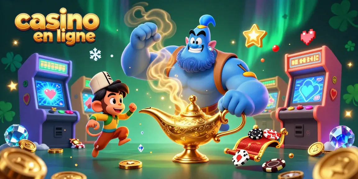Plongez dans l'univers du casino en ligne avec cette scène dynamique de jeux d'arcade et de personnages magiques.