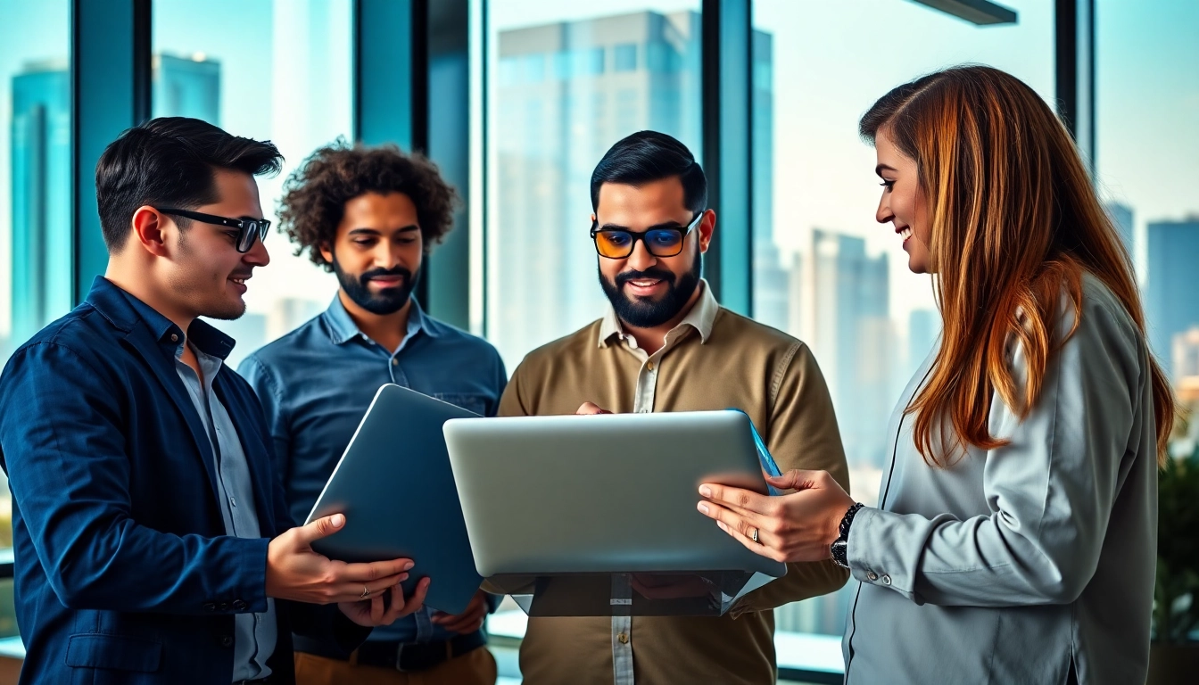 Digital Marketing Heroes collaborating in a vibrant, modern workspace focused on innovative strategies.