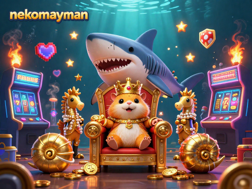 Experience nekomayman with a thrilling golden hamster king on a megalodon throne amidst dynamic casino elements.