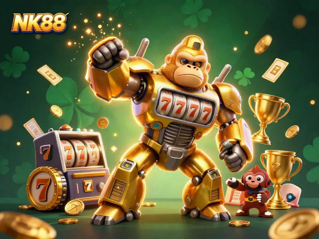 Spin to win with NK88's exciting slot machines and golden gorilla mech in a vibrant casino scene.