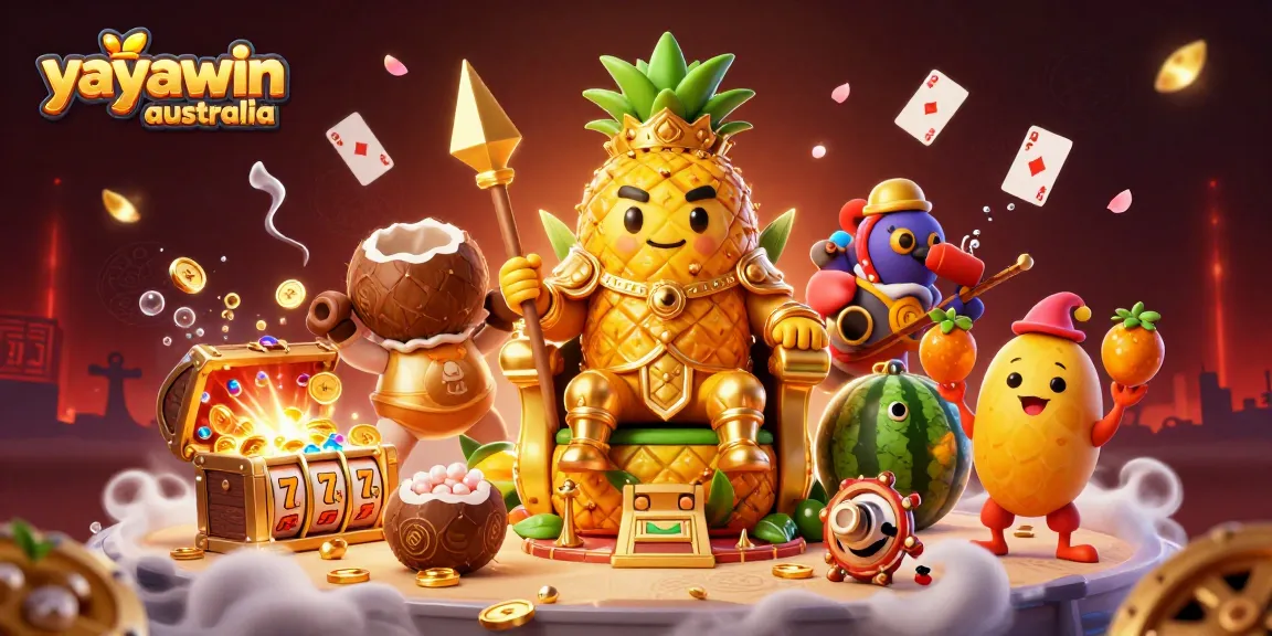 Winning big at yayawin australia with a vibrant beach casino scene featuring pokies, treasures, and whimsical characters.