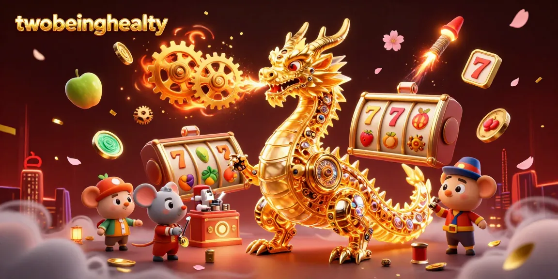 Experience thrilling gameplay with twobeinghealty as a golden dragon breathes gears among spinning jackpot reels.