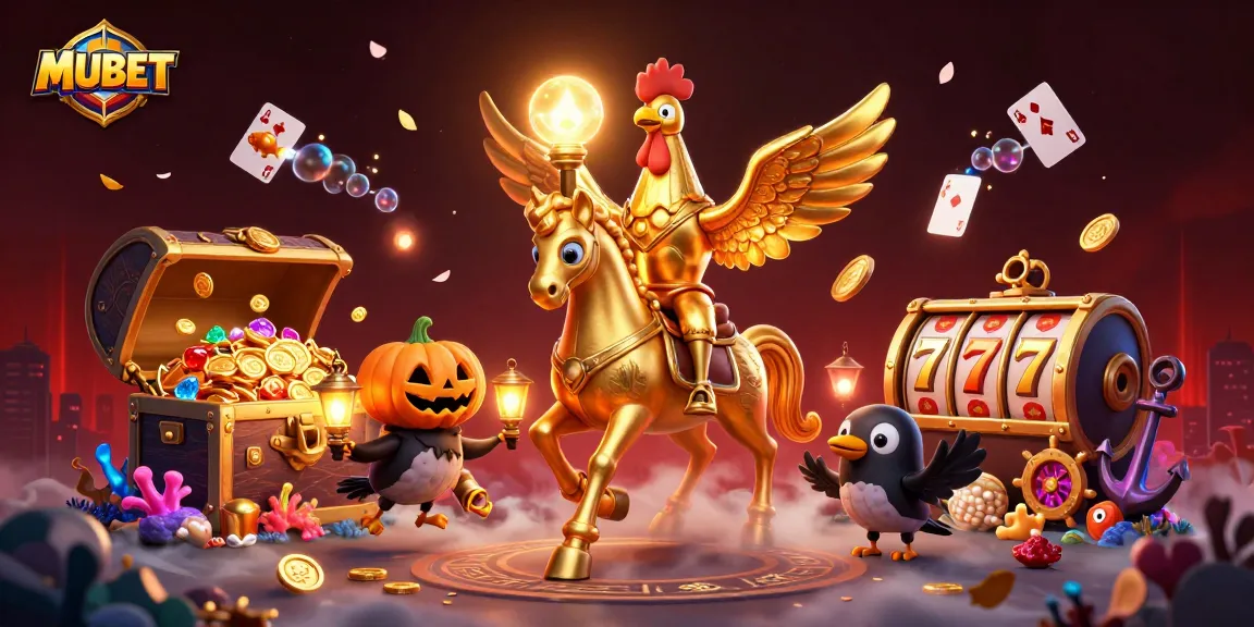 Experience MUBET's fantasy casino world with a golden rooster and enchanting elements.
