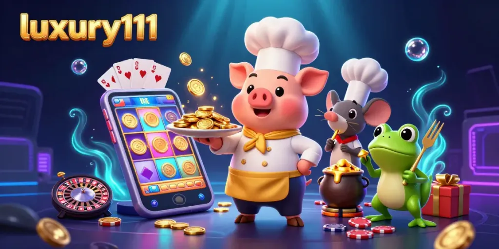 Luxury111 showcases a lively 3D scene with a chef pig and cartoon characters in a vibrant online gaming environment.